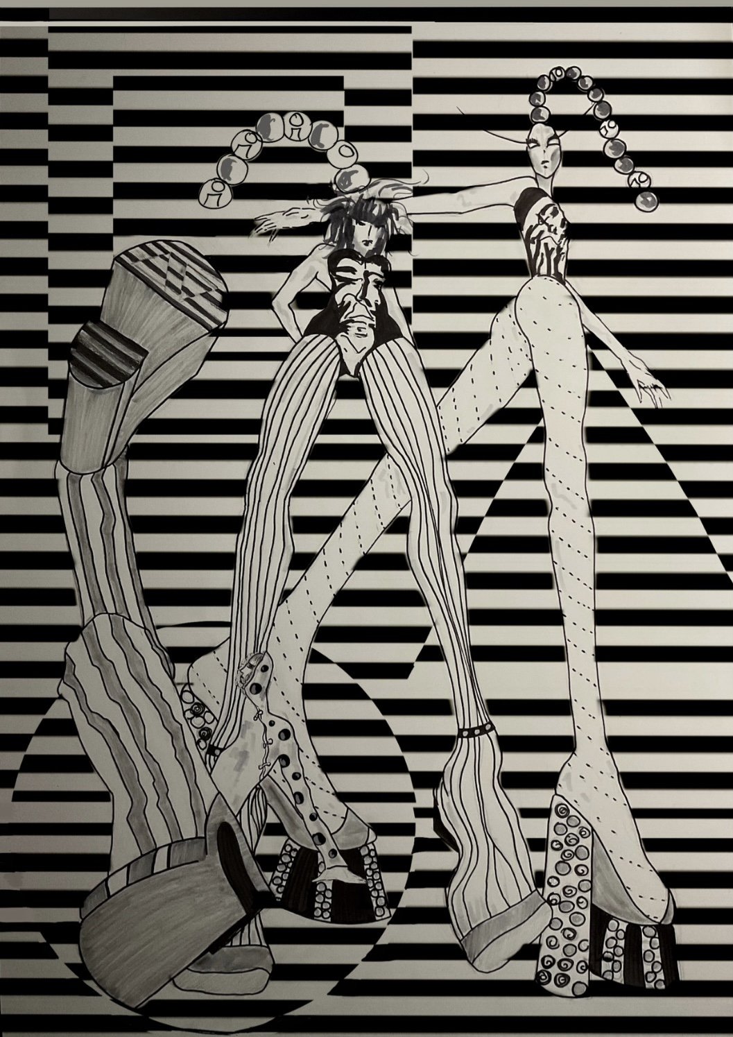 Black-and-white fashion illustration with elongated figures, striped garments and a geometric striped background