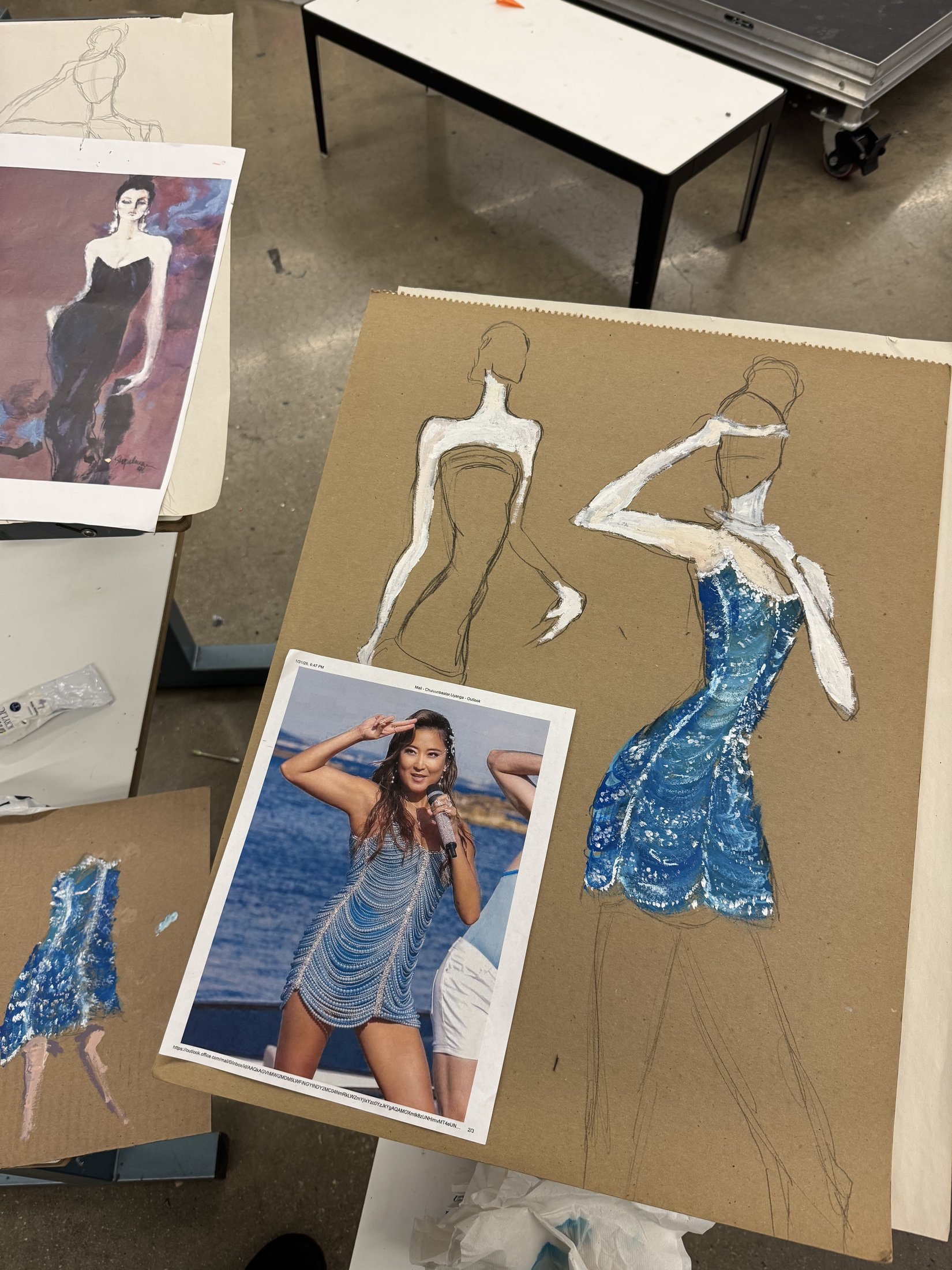 Fashion collage and blue garment study
