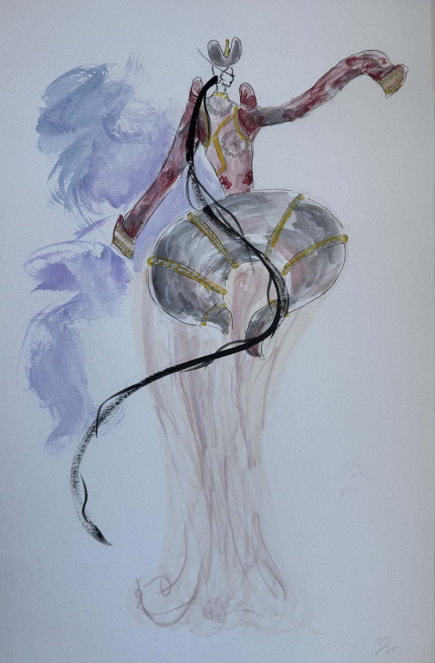 Colored fashion illustration with a sweeping black line