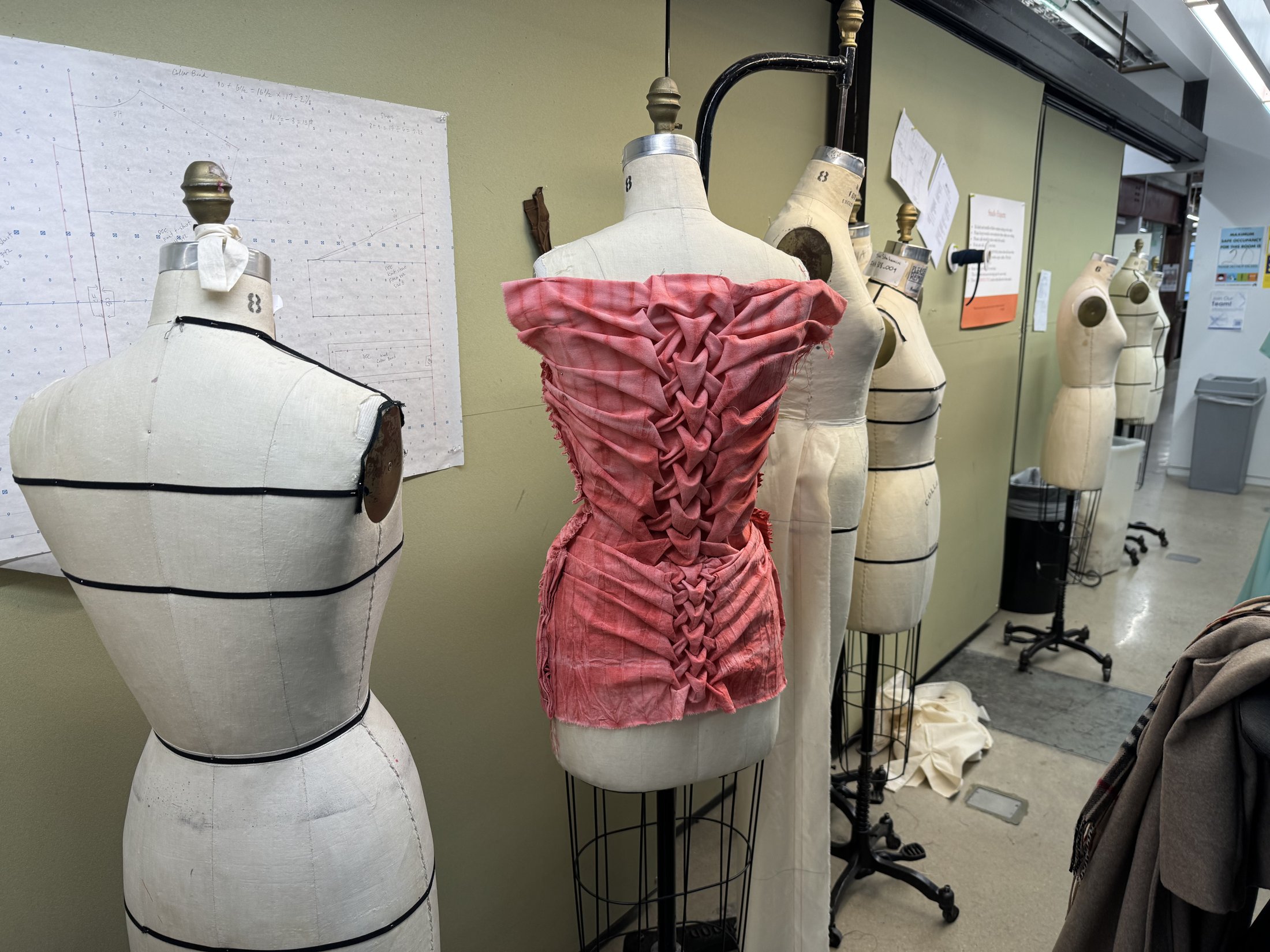 Wide view of the gathered pink garment